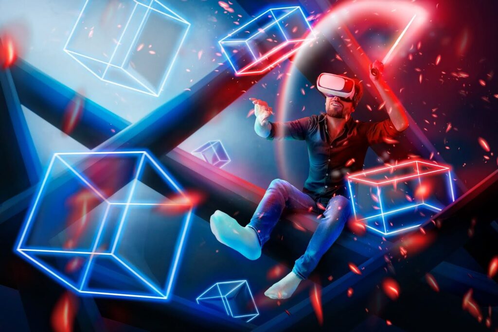 A gamer wearing a virtual reality headset experiencing how AI-powered game systems create a deeply immersive world