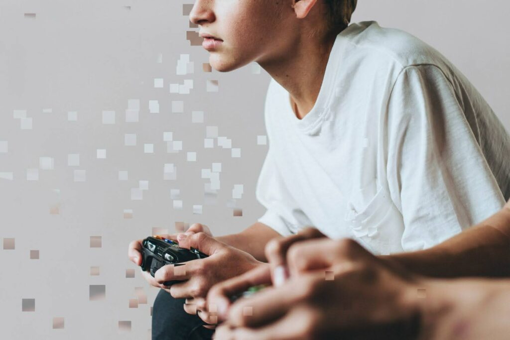 Visual of a player deeply engaged with a video game, representing how stories create emotional connection and meaning