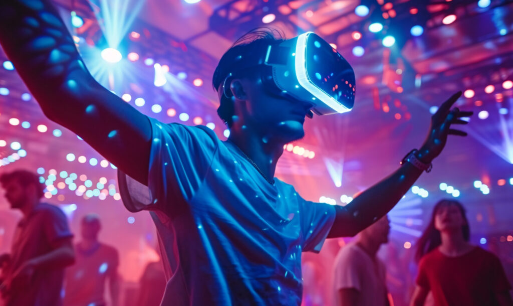 A young man wearing a VR headset, illustrating how virtual concert let the audience interact in an immersive metaverse environment.