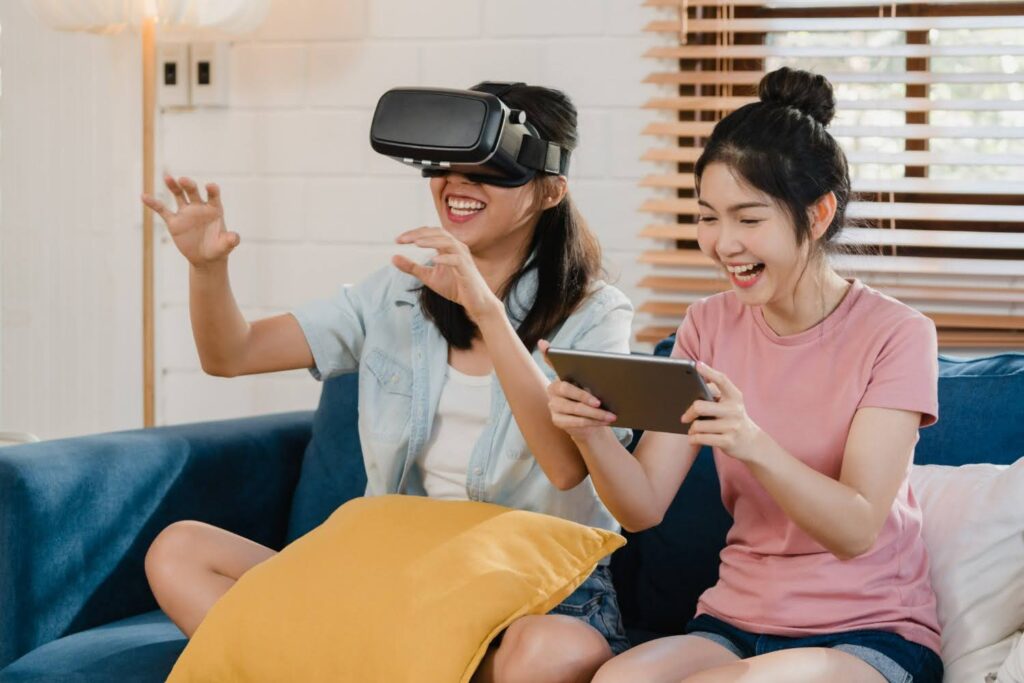 Two gamers enjoying a multiplayer game featuring localized content