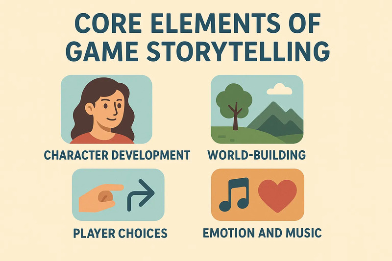 Illustration showing key elements of game storytelling such as character development, world-building, player choices, and music