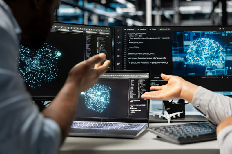 Game developers testing AI-driven tools on computers to build next-generation mobile games.