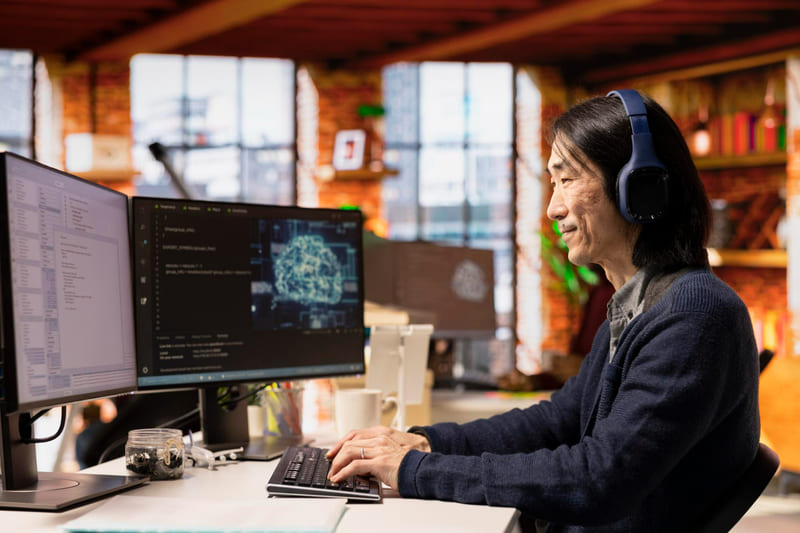 A game developer collaborating with AI tools to generate game worlds.