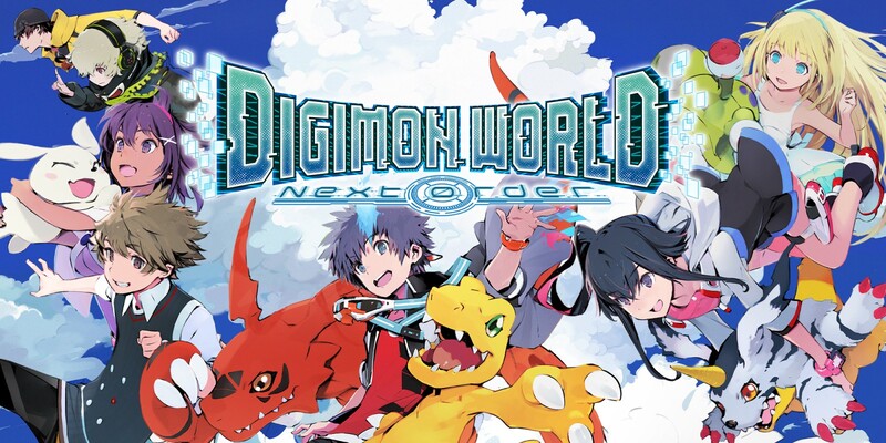 Colorful poster of Digimon World: Next Order with anime characters and cute digital monsters.