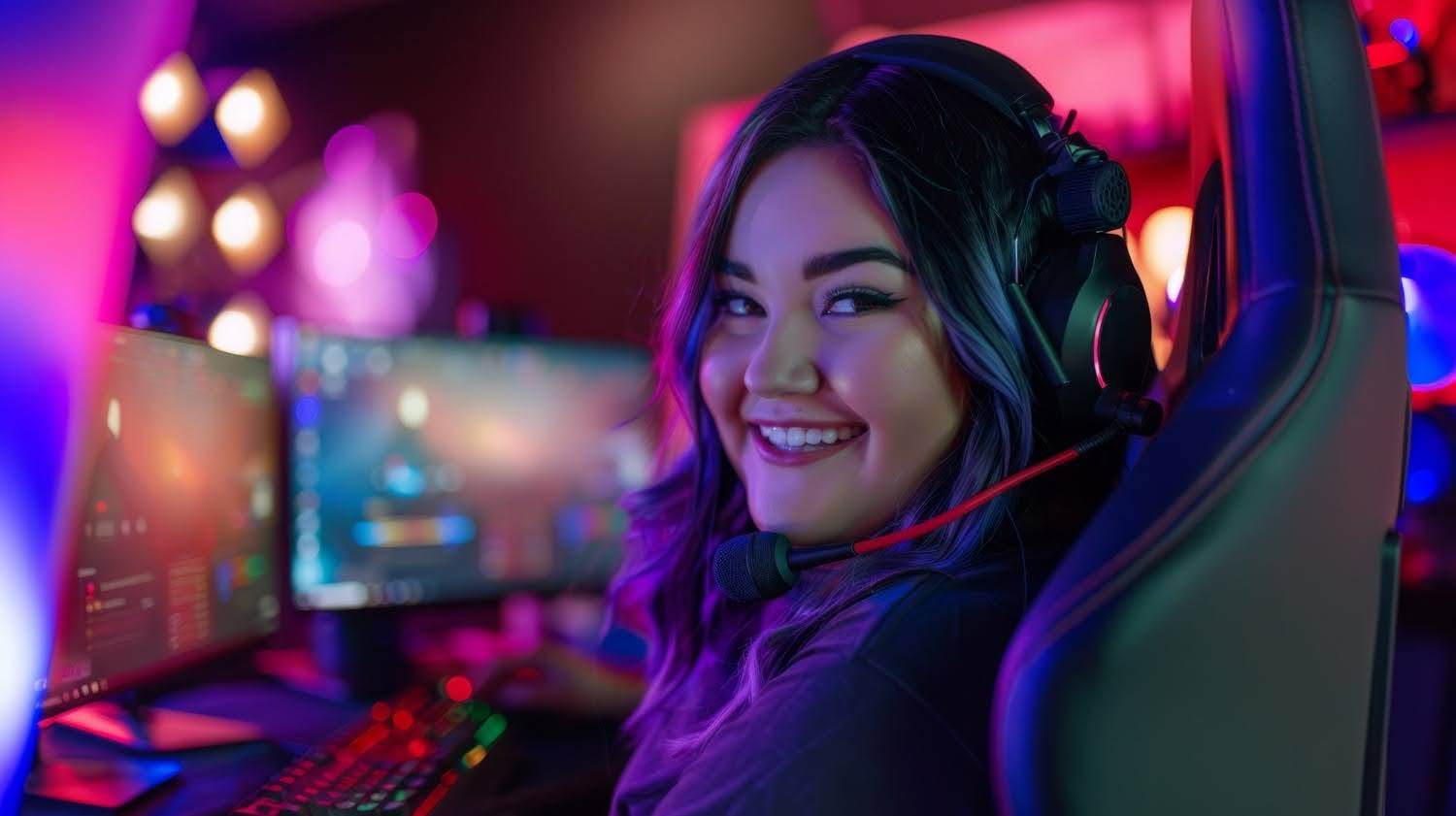 An illustration of a female gamer with long hair using a headset and microphone.
