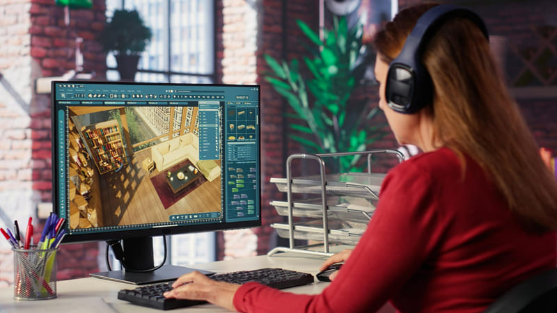 A game QA professional checking environments, menus, and interface consistency during game development.