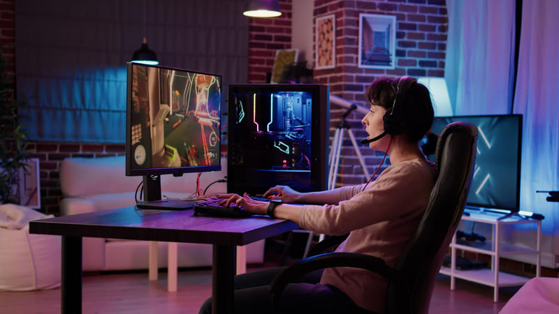 A player explores a visual narrative gaming setting with ambient scenery and interactive dialogue