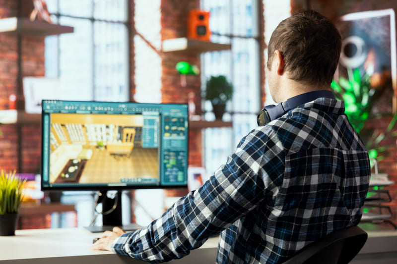 A QA tester works on a game build, spotting interface issues and text overflow