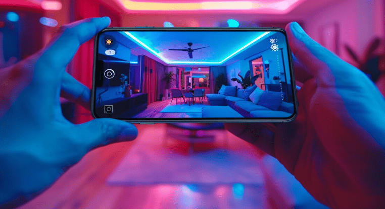 Hands holding a smartphone showing a modern room interface under dynamic pink and blue ambient lighting.