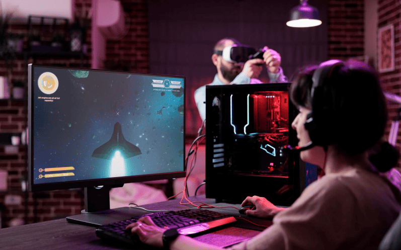 Female Vietnamese gamer engages in a video game pc