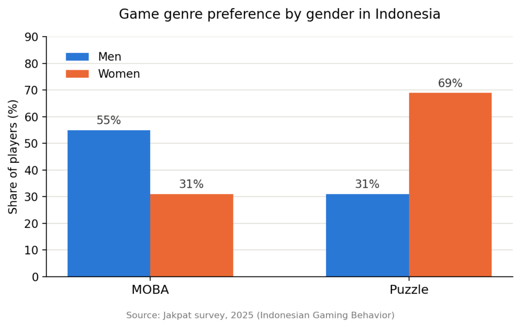 A 2025 Jakpat survey of Indonesian players found that 55% of men favor MOBA titles that reward higher commitment, while 69% of women lean toward puzzle games, a split that says as much about gamer psychology and behavior as it does about genre preference.