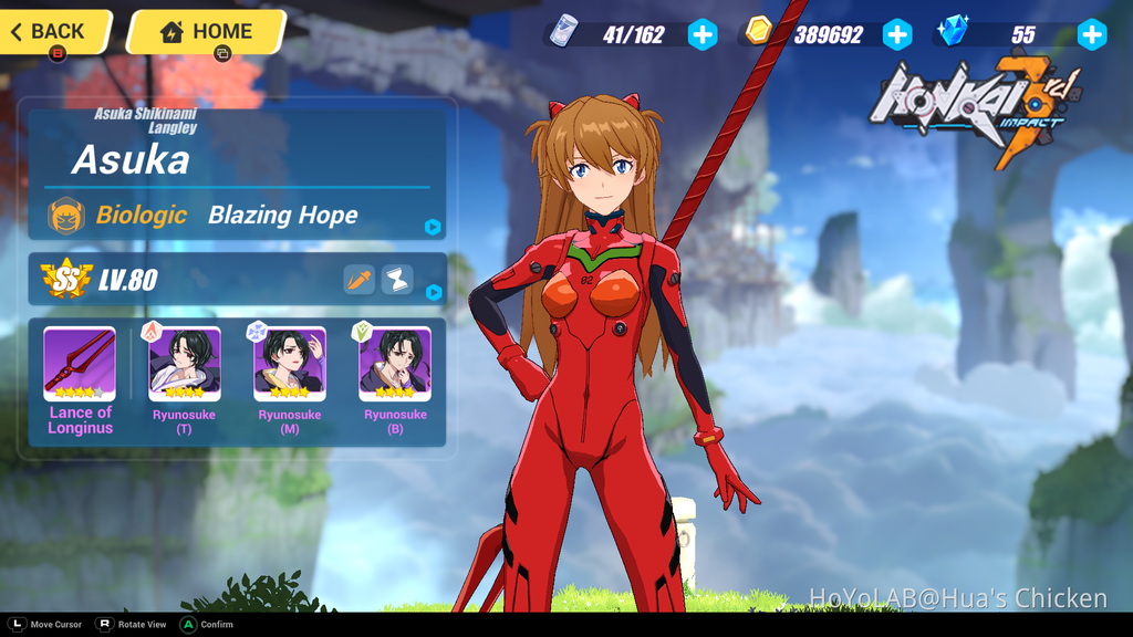 Mobile game crossover featuring Asuka Langley from Neon Genesis Evangelion in a Southeast Asian regional game interface