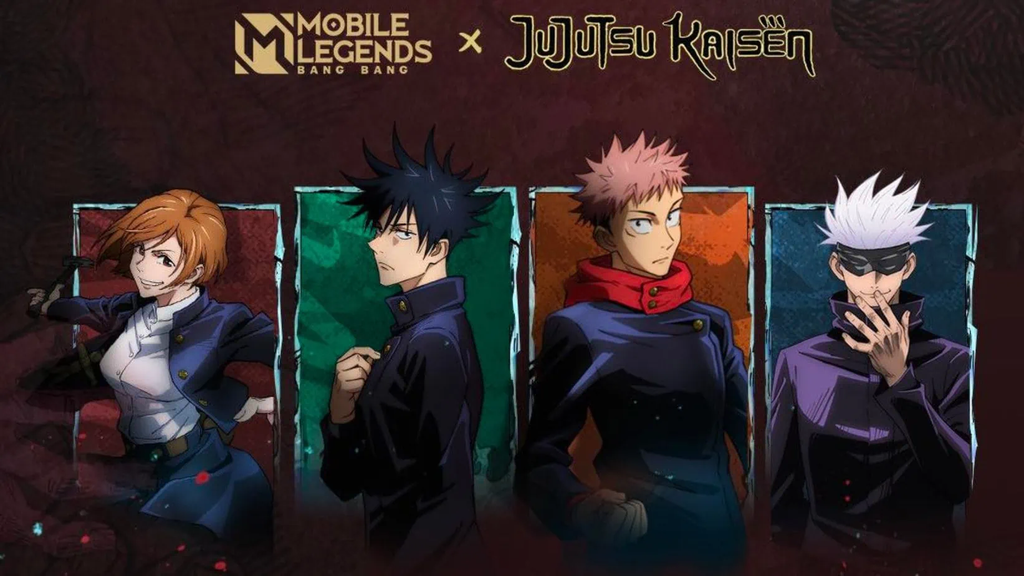 ALT Text: Mobile game crossover gameplay featuring Yuji Itadori, Nobara Kugisaki, Satoru Gojo, and Megumi Fushiguro from Jujutsu Kaisen