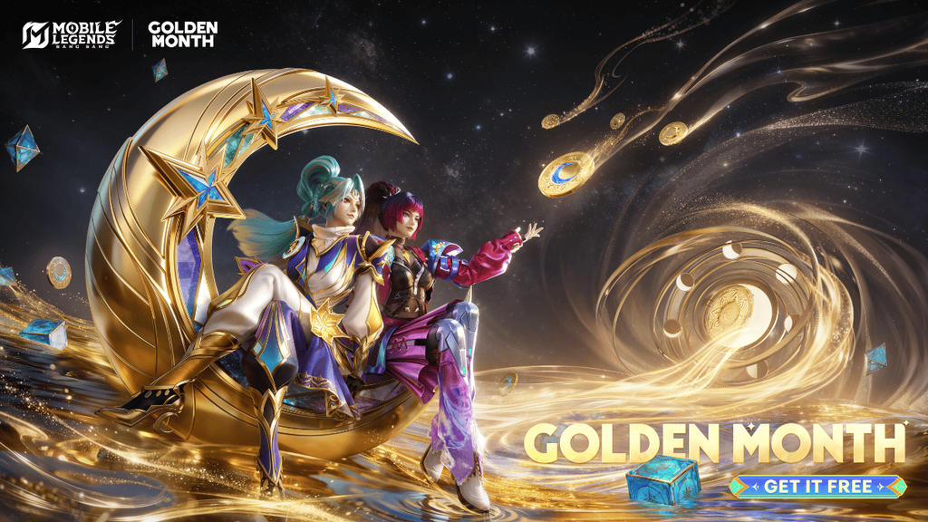 Promotional poster for MOONTON’s annual “Golden Month” campaign showing two heroes on a decorative crescent moon.]