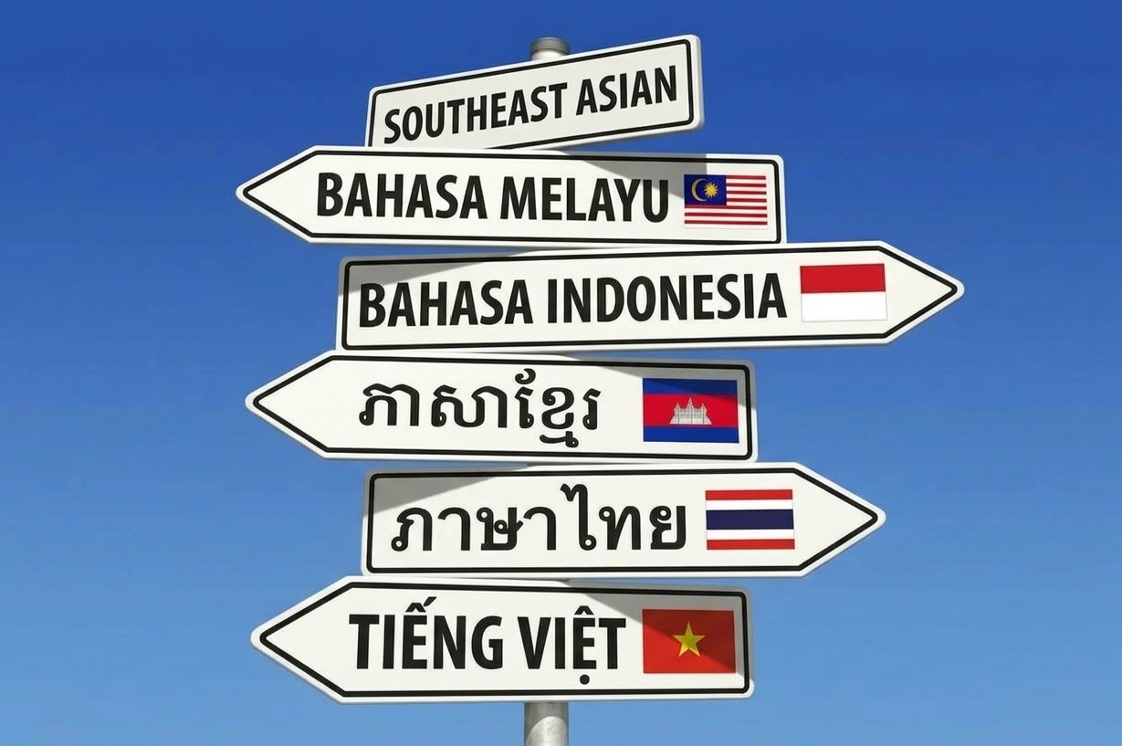 Directional signpost displaying 5 Southeast Asian languages and their national flags. 