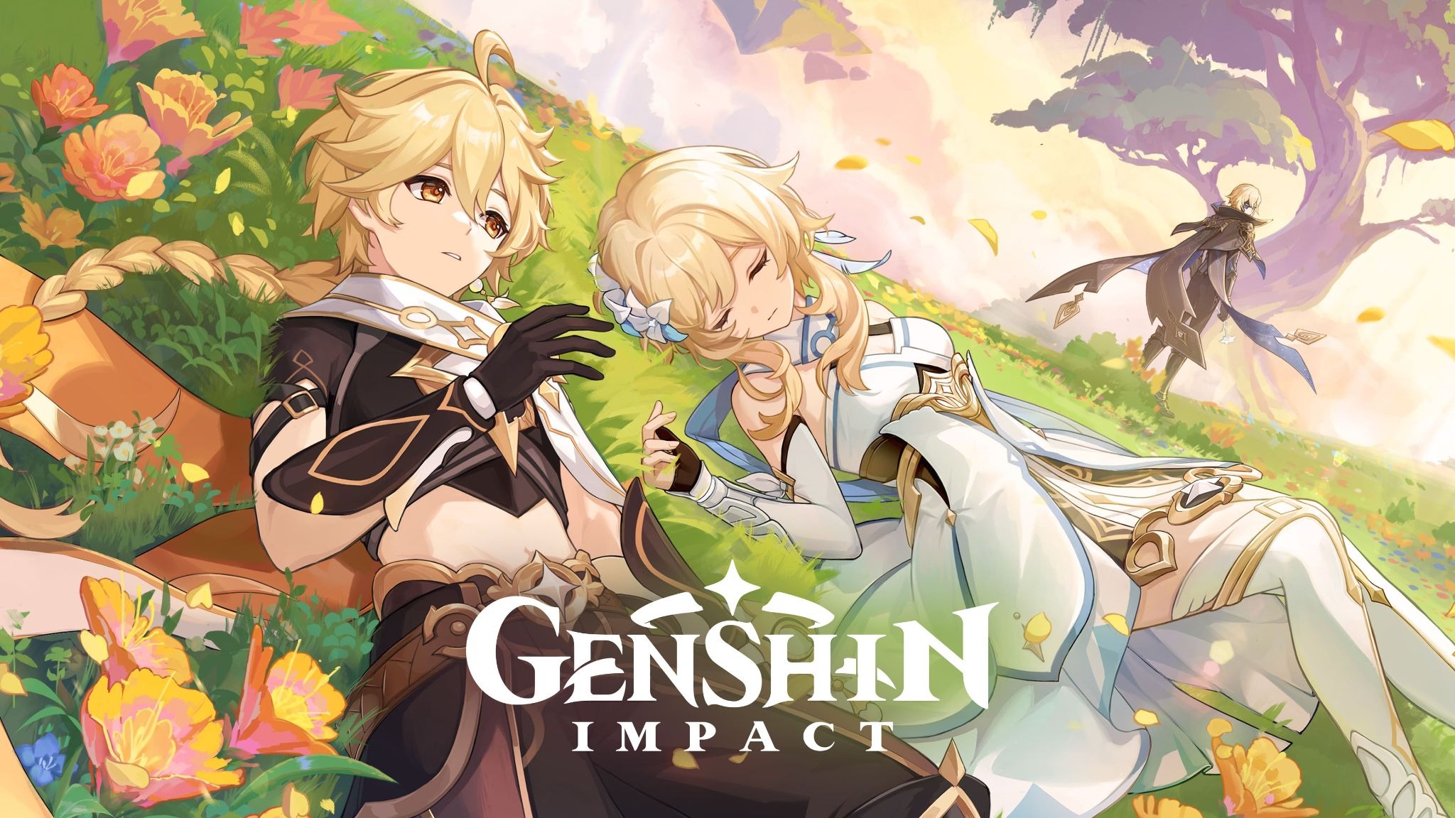 A Genshin Impact artwork showing two characters, Aether and Lumine, in a colorful field.